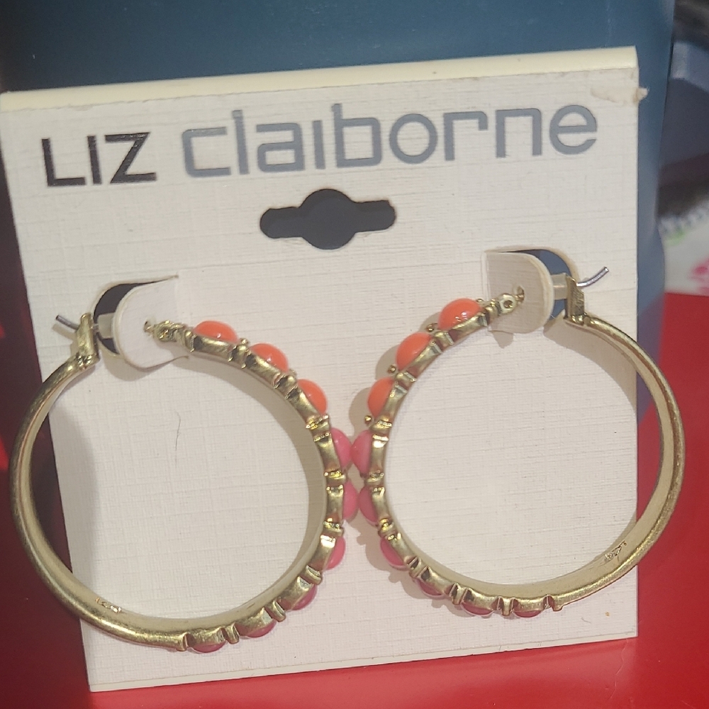 Liz Claiborne Pink and Gold Hoop Earrings with Vibrant Embellishments
